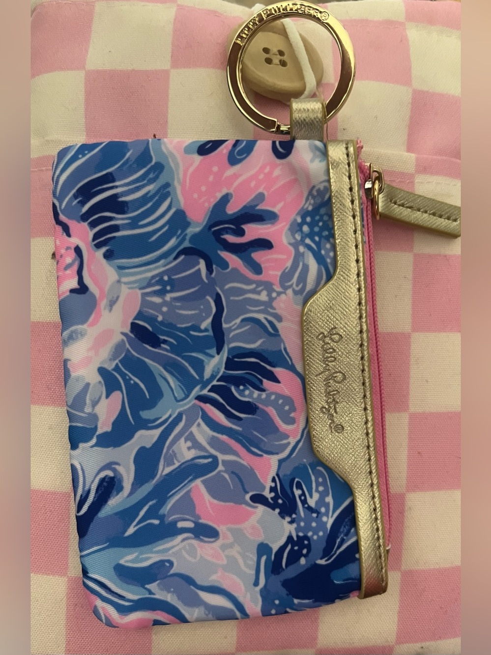 LILLY PULITZER Blue & Pink Floral ID Wallet Keychain Card Holder Zip Case